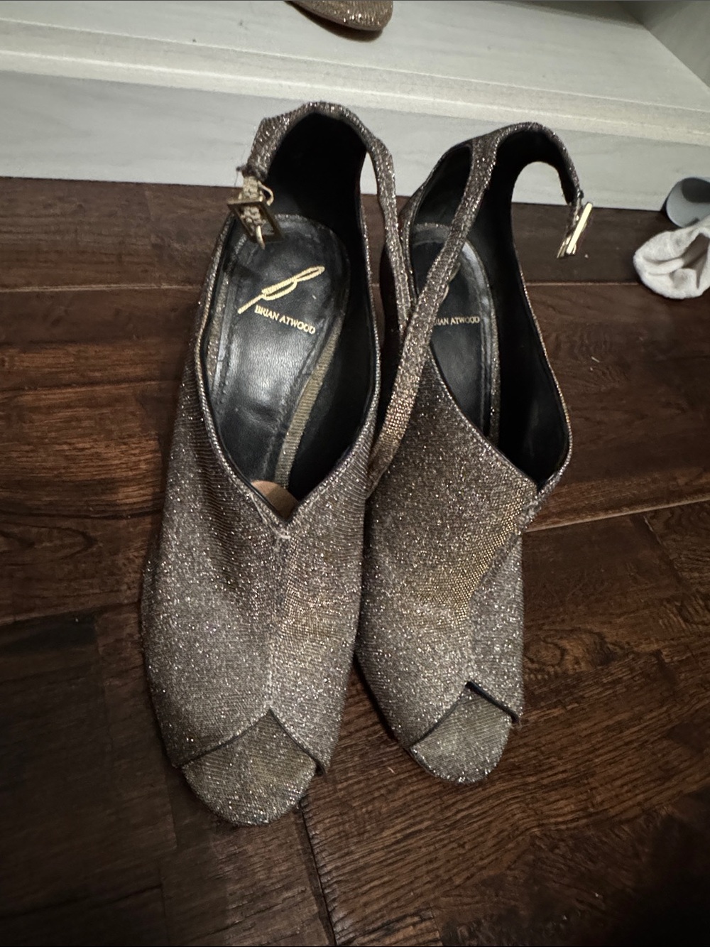 Adrianna Papell Glitter Peep-Toe Slingback Heels in Metallic Taupe